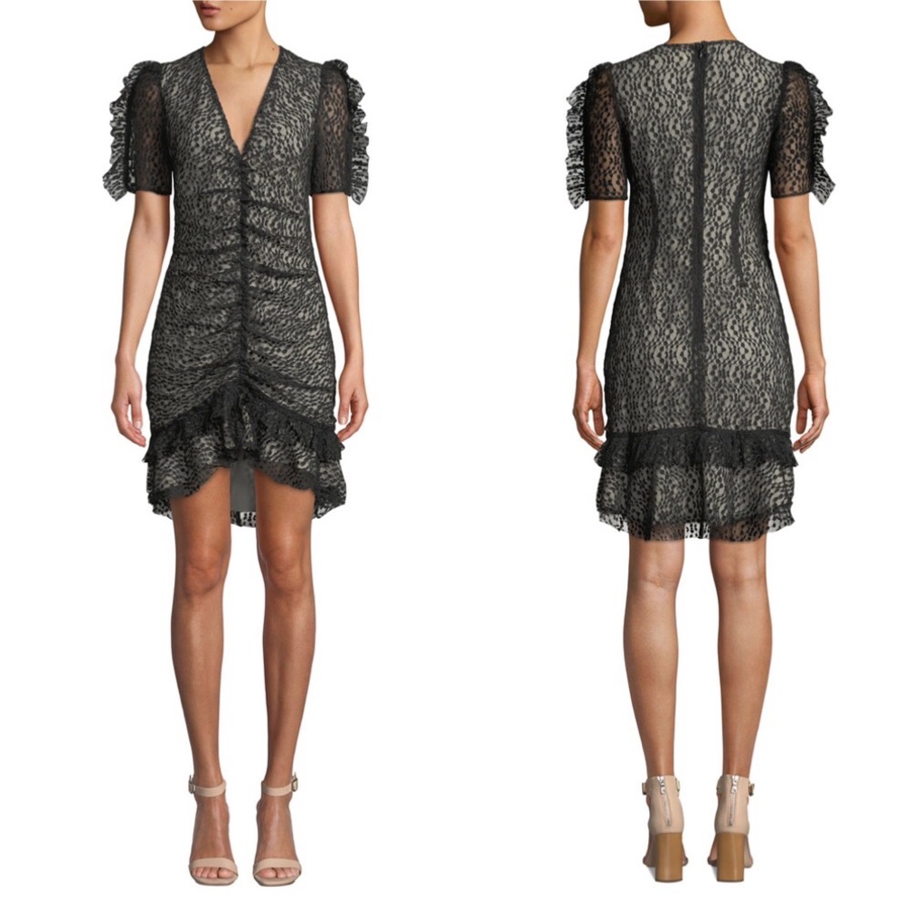 Elliatt Venice Black Chantilly Lace Ruched Mini Dress